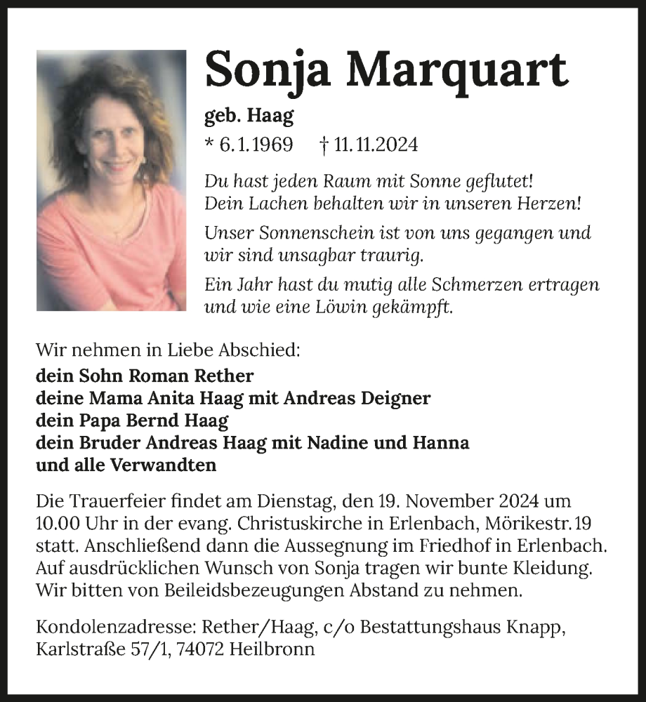  Traueranzeige für Sonja Marquart vom 16.11.2024 aus GESAMT