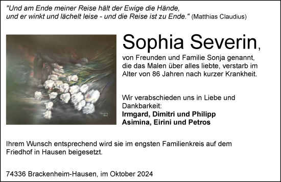 Traueranzeige von Sophia Severin von GESAMT