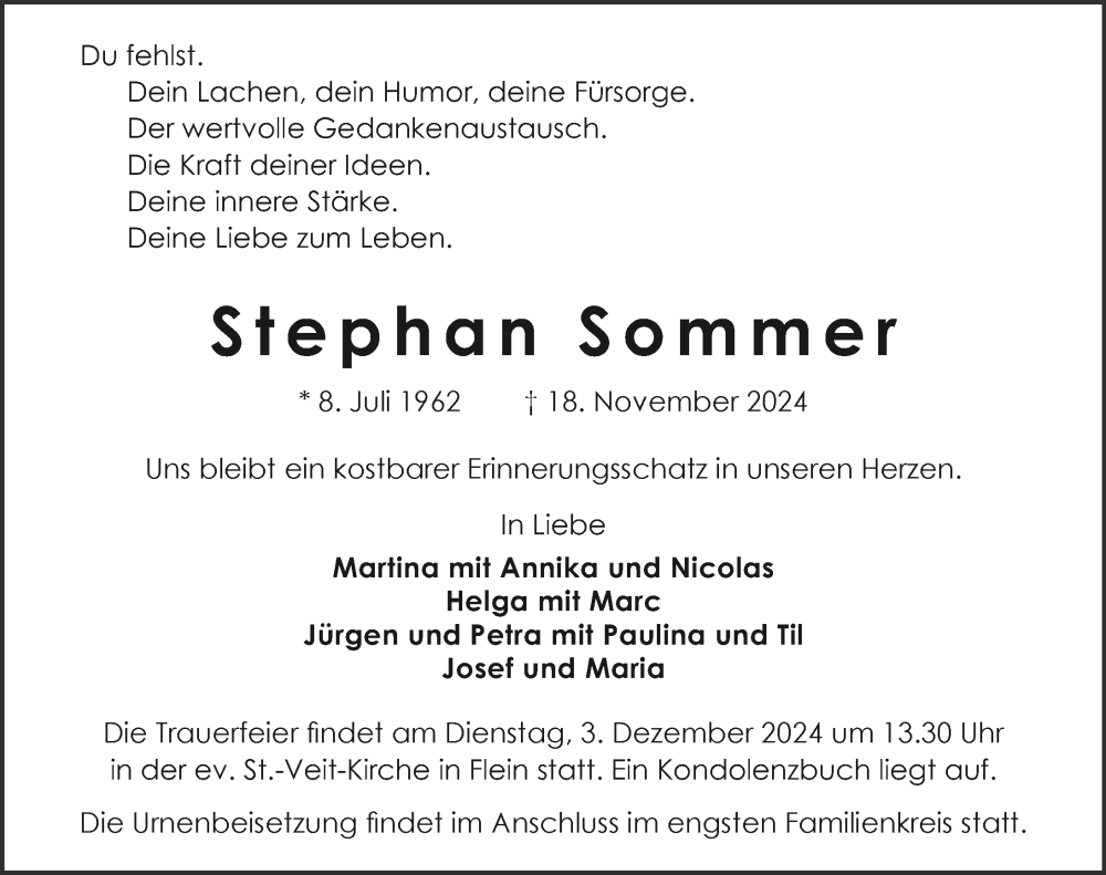  Traueranzeige für Stephan Sommer vom 30.11.2024 aus GESAMT