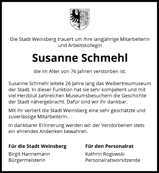 Traueranzeige von Susanne Schmehl von GESAMT