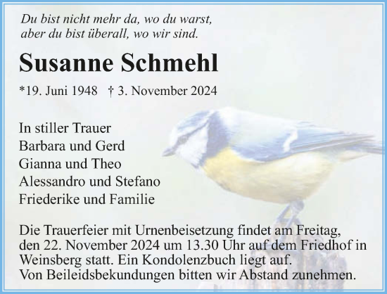 Traueranzeige von Susanne Schmehl von GESAMT