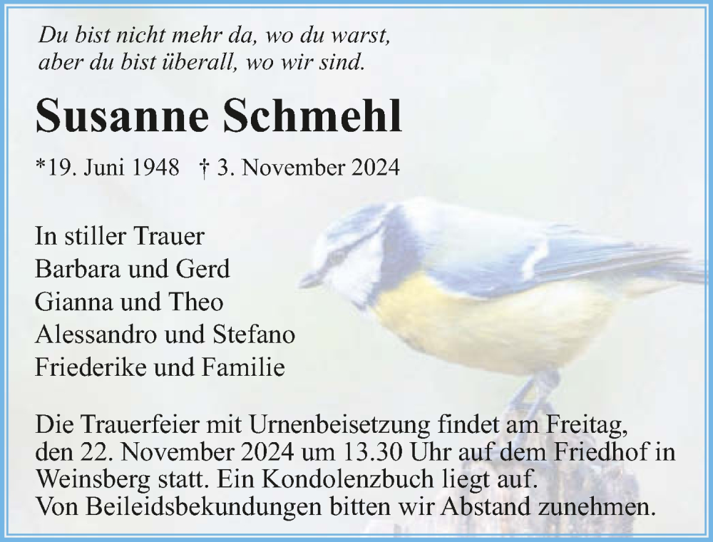  Traueranzeige für Susanne Schmehl vom 16.11.2024 aus GESAMT