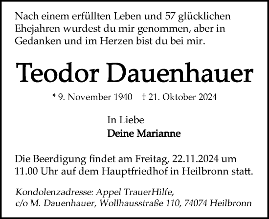 Traueranzeige von Teodor Dauenhauer von GESAMT