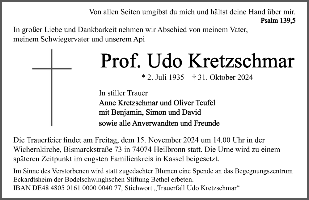  Traueranzeige für Udo Kretzschmar vom 09.11.2024 aus GESAMT