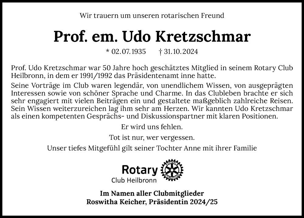  Traueranzeige für Udo Kretzschmar vom 09.11.2024 aus GESAMT