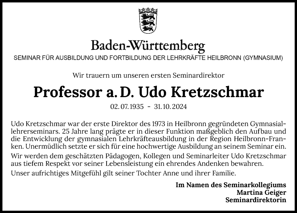  Traueranzeige für Udo Kretzschmar vom 09.11.2024 aus GESAMT