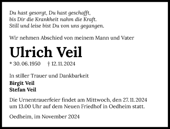 Traueranzeige von Ulrich Veil von GESAMT