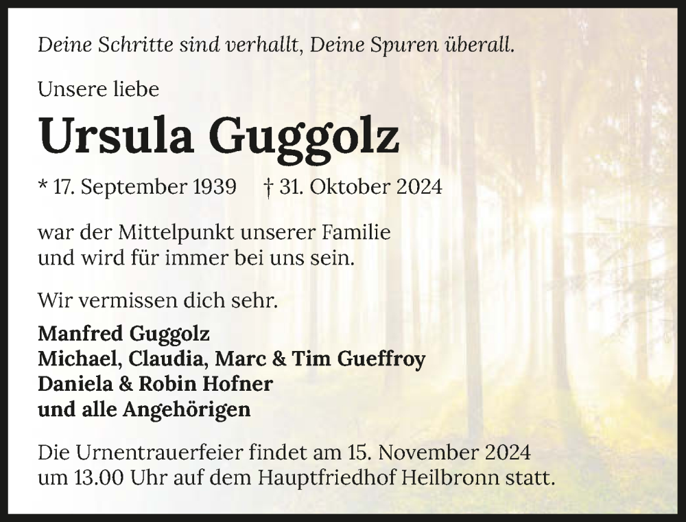  Traueranzeige für Ursula Guggolz vom 09.11.2024 aus GESAMT