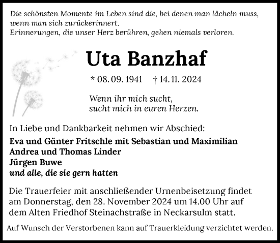 Traueranzeige von Uta Banzhaf von GESAMT