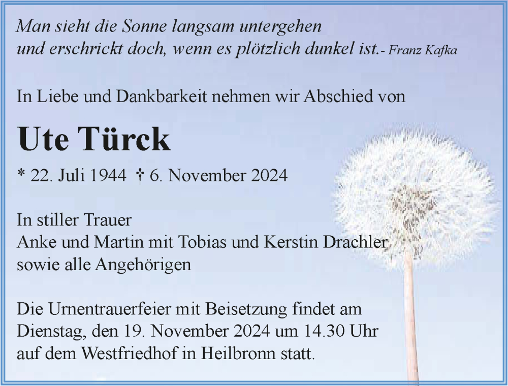  Traueranzeige für Ute Türck vom 09.11.2024 aus GESAMT