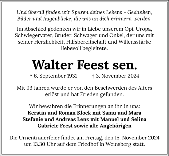 Traueranzeige von Walter Feest von GESAMT