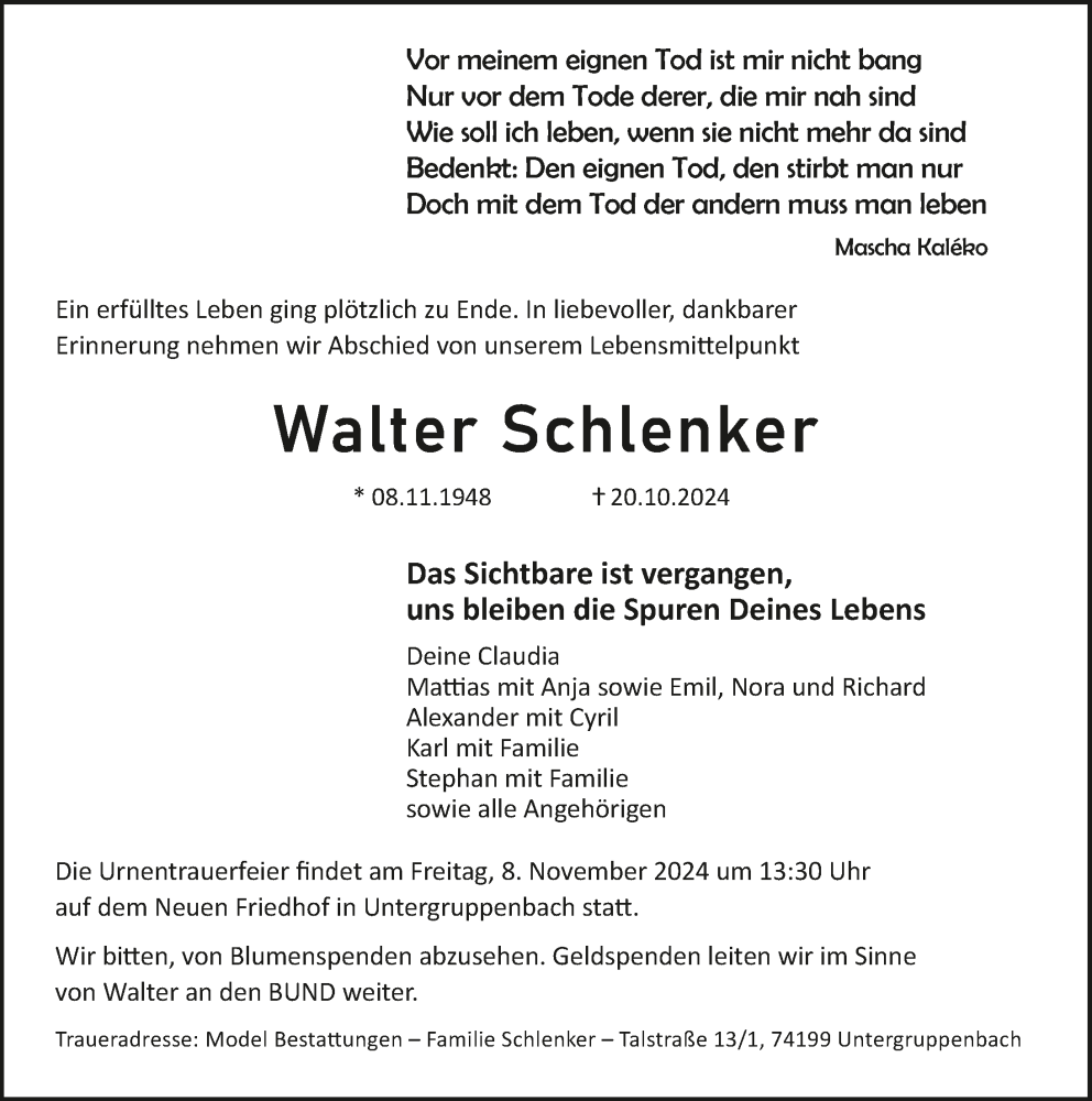  Traueranzeige für Walter Schlenker vom 02.11.2024 aus GESAMT