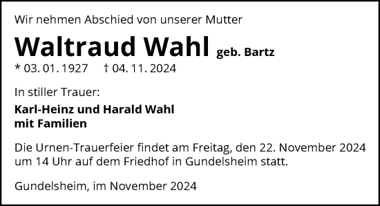 Traueranzeige von Waltraud Wahl von GESAMT