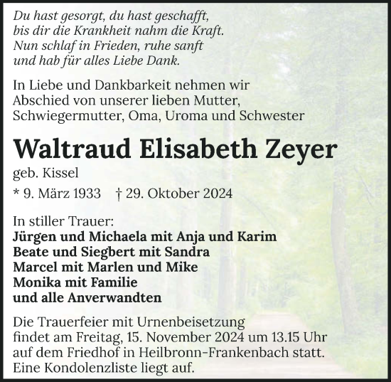 Traueranzeige von Waltraud Elisabeth Zeyer von GESAMT