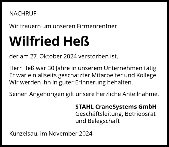 Traueranzeige von Wilfried Heß von GESAMT