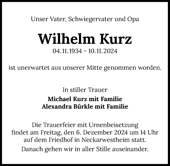 Traueranzeige von Wilhelm Kurz von GESAMT