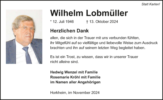 Traueranzeige von Wilhelm Lobmüller