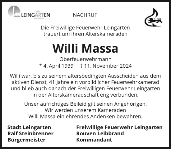 Traueranzeige von Willi Massa von GESAMT