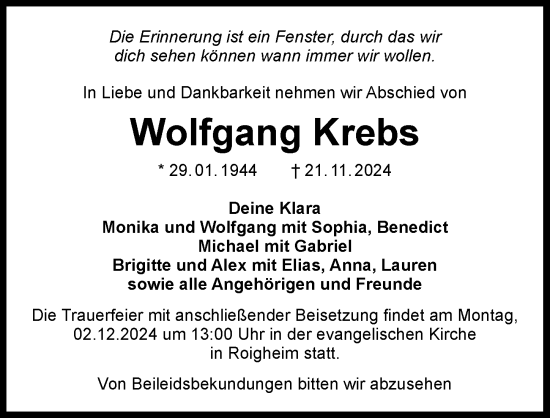 Traueranzeige von Wolfgang Krebs von GESAMT