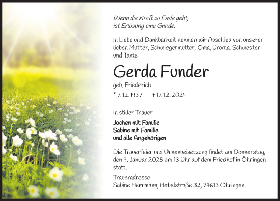 Traueranzeige von Gerda Funder 