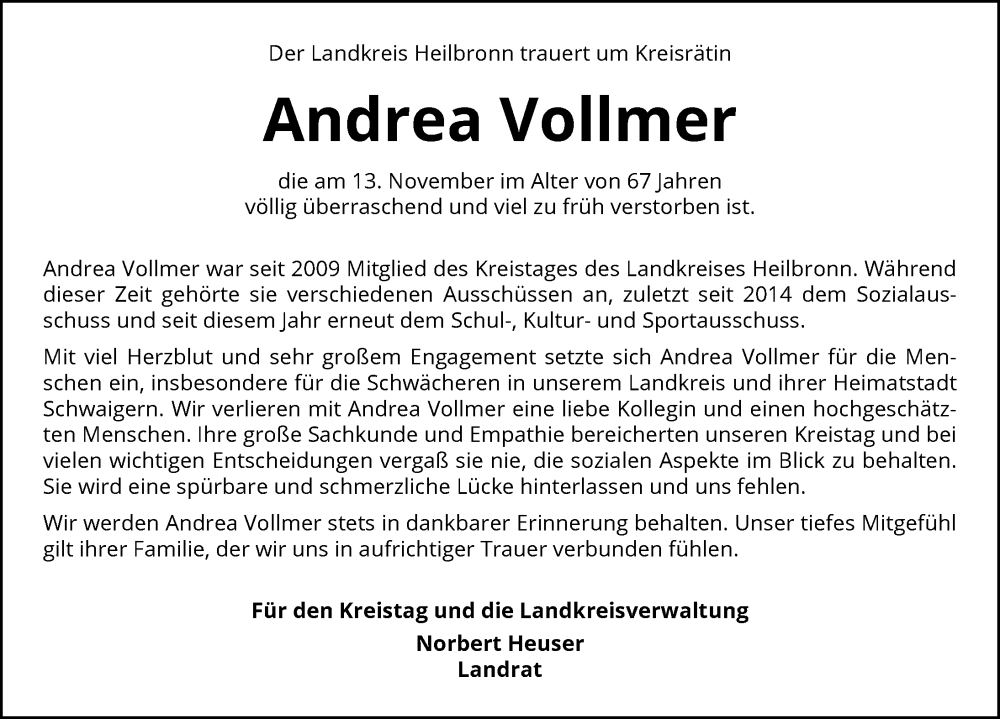  Traueranzeige für Andrea Vollmer vom 14.12.2024 aus GESAMT