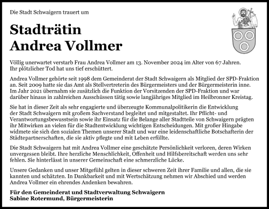 Traueranzeige von Andrea Vollmer von GESAMT