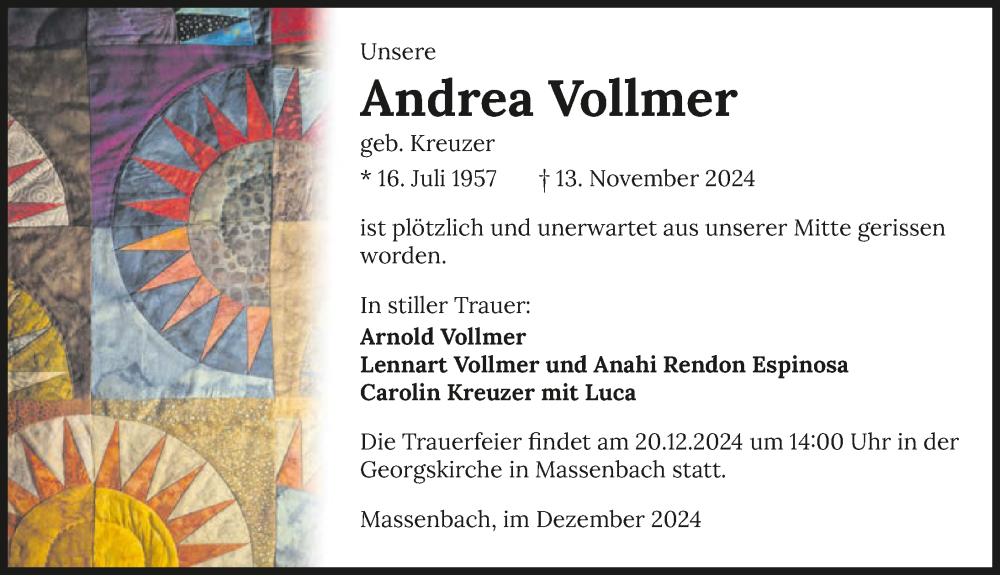  Traueranzeige für Andrea Vollmer vom 14.12.2024 aus GESAMT