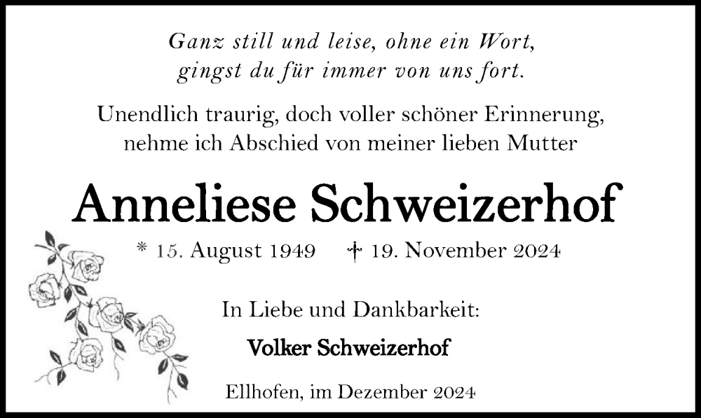  Traueranzeige für Anneliese Schweizerhof vom 03.12.2024 aus GESAMT