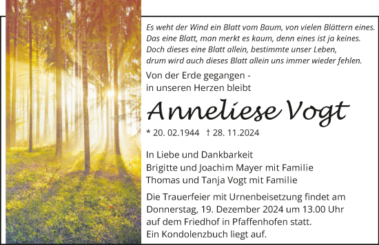 Traueranzeige von Anneliese Vogt von GESAMT