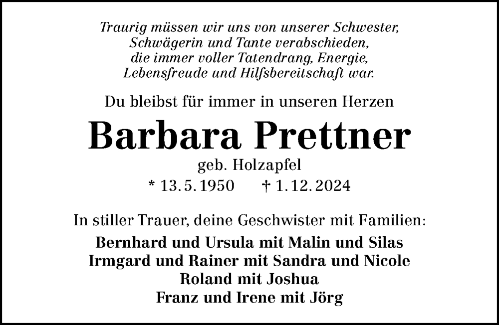  Traueranzeige für Barbara Prettner vom 05.12.2024 aus GESAMT