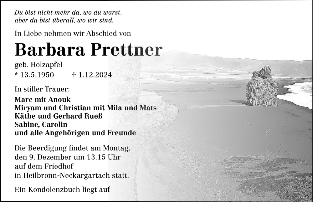  Traueranzeige für Barbara Prettner vom 05.12.2024 aus GESAMT