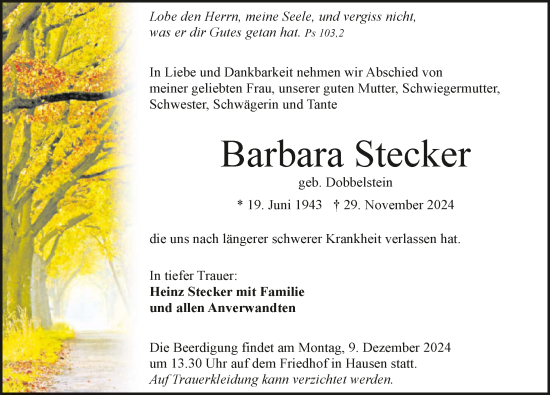 Traueranzeige von Barbara Stecker von GESAMT