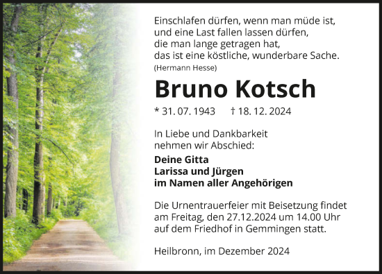 Traueranzeige von Bruno Kotsch von GESAMT