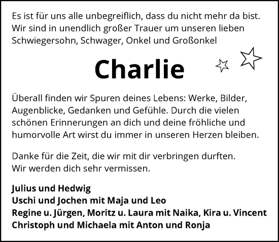 Traueranzeige von Charlie  von GESAMT