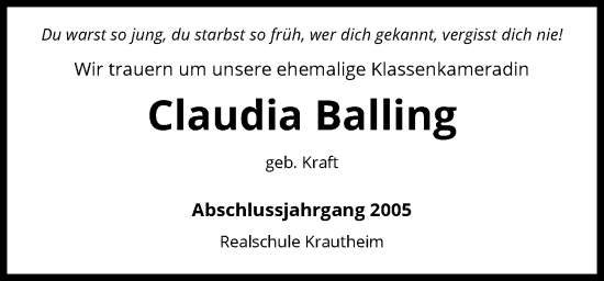 Traueranzeige von Claudia Balling von GESAMT