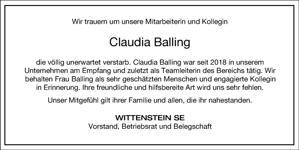  Traueranzeige für Claudia Balling vom 31.12.2024 aus GESAMT