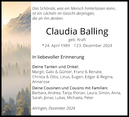 Traueranzeige von Claudia Balling von GESAMT