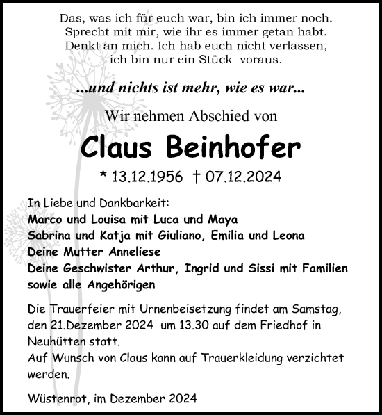 Traueranzeige von Claus Beinhofer von GESAMT