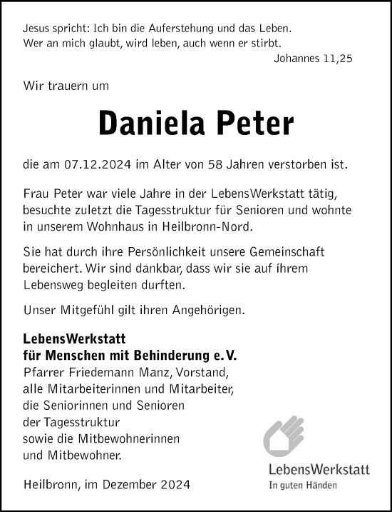 Traueranzeige von Daniela Peter von GESAMT