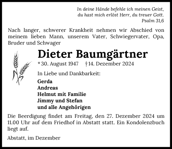 Traueranzeige von Dieter Baumgärtner von GESAMT