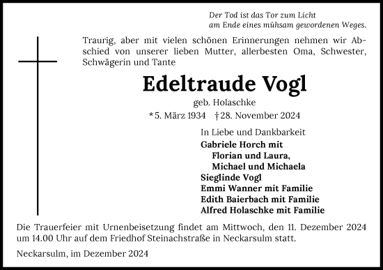 Traueranzeige von Edeltraude Vogl von GESAMT