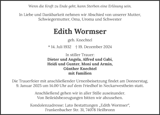 Traueranzeige von Edith Wormser von GESAMT