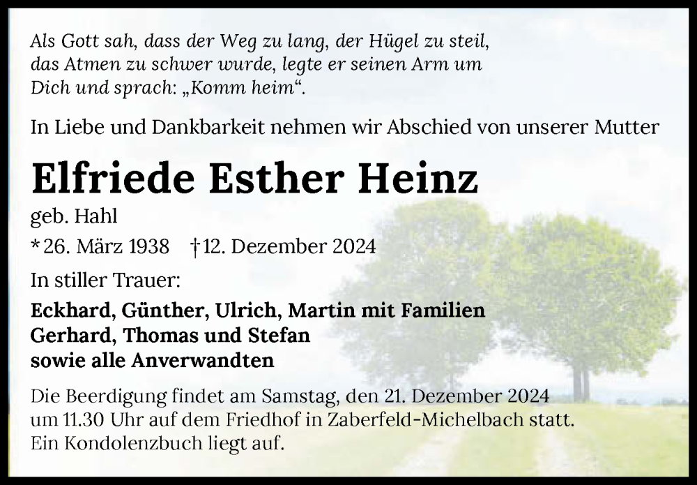  Traueranzeige für Elfriede Esther Heinz vom 17.12.2024 aus GESAMT