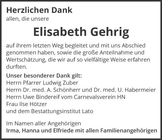 Traueranzeige von Elisabeth Gehrig von GESAMT