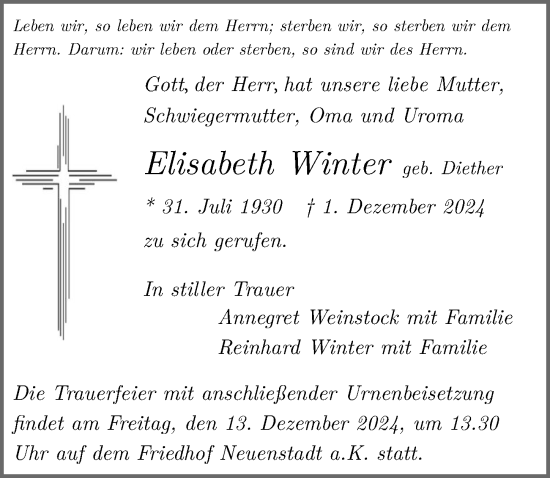 Traueranzeige von Elisabeth Winter von GESAMT