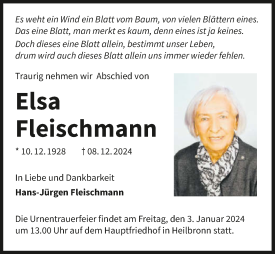 Traueranzeige von Elsa Fleischmann von GESAMT