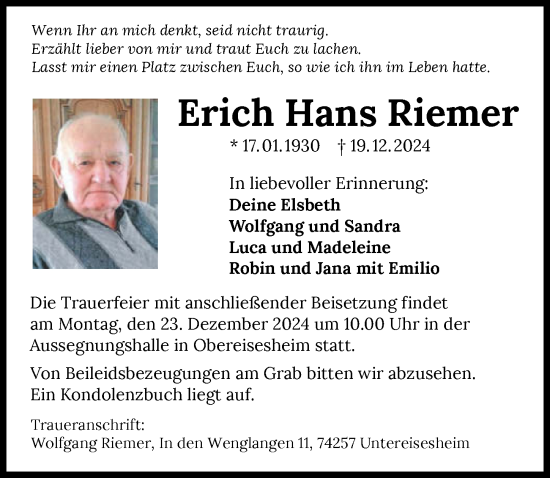 Traueranzeige von Erich Hans Riemer von GESAMT