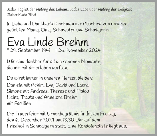 Traueranzeige von Eva Linde Brehm von GESAMT