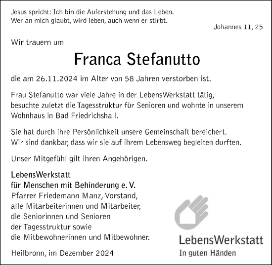 Traueranzeige von Franca Stefanutto von GESAMT