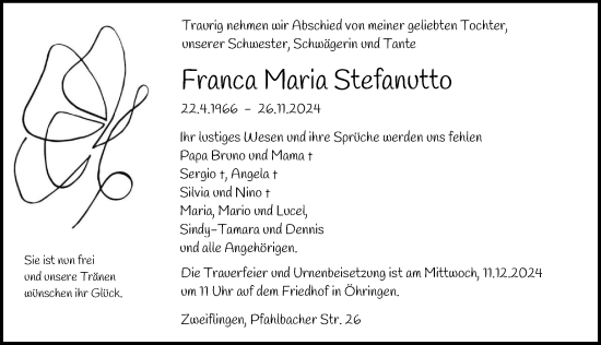 Traueranzeige von Franca Maria Stefanutto von GESAMT